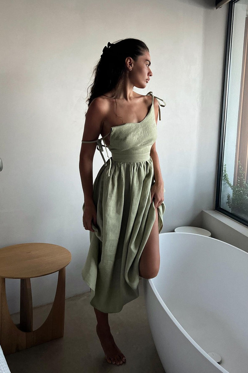 Cotton V Neck Spaghetti Strap Tie Backless Midi Dress