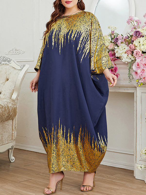 Batwing Sleeves Long Sleeves Contrast Color Printed Round-neck Maxi Dresses