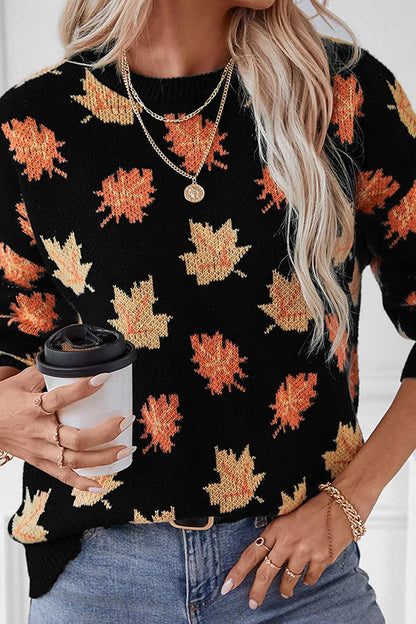 Maple Leaf Pattern Loose Knitted Sweater
