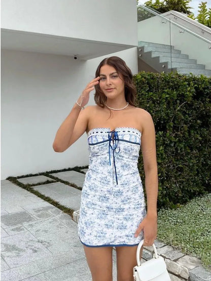 Julissa Mo Printed Vacation Dress Off-shoulder Blue Metal Button Spring Skinny Outside Female Mini Dresses