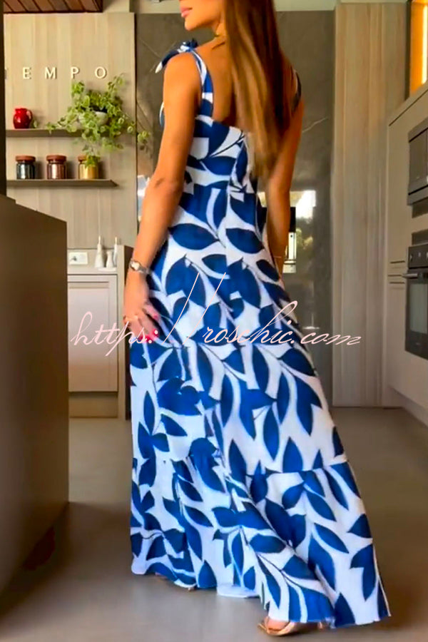 High Waisted Strappy Print Halter Panel Maxi Dress