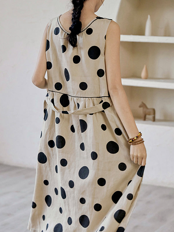 Loose Sleeveless Contrast Color Pleated Polka-dot Split-joint Tied Waist Round-neck Midi Dresses