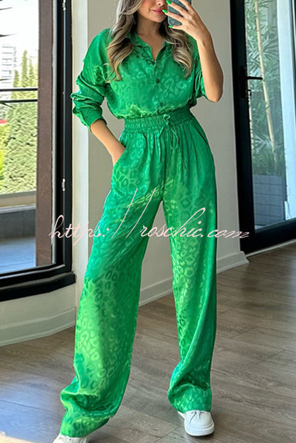 Leopard Print Jacquard Long Sleeved Shirt With Elastic Waist and Pant Two Piece Set