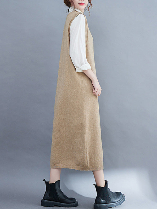 Color Knitting V-neck Sleeveless Sweater Dress