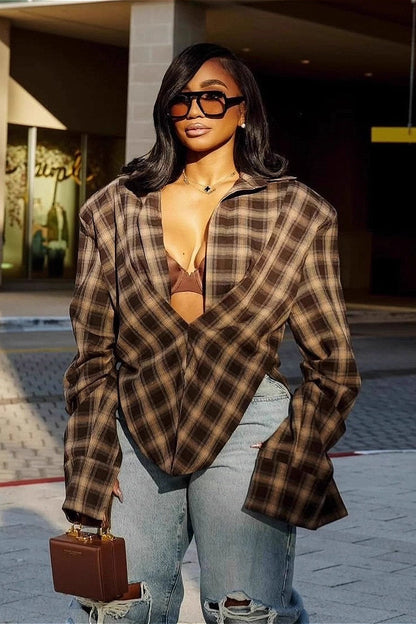 Plaid Collared Asymmetrical Blouse
