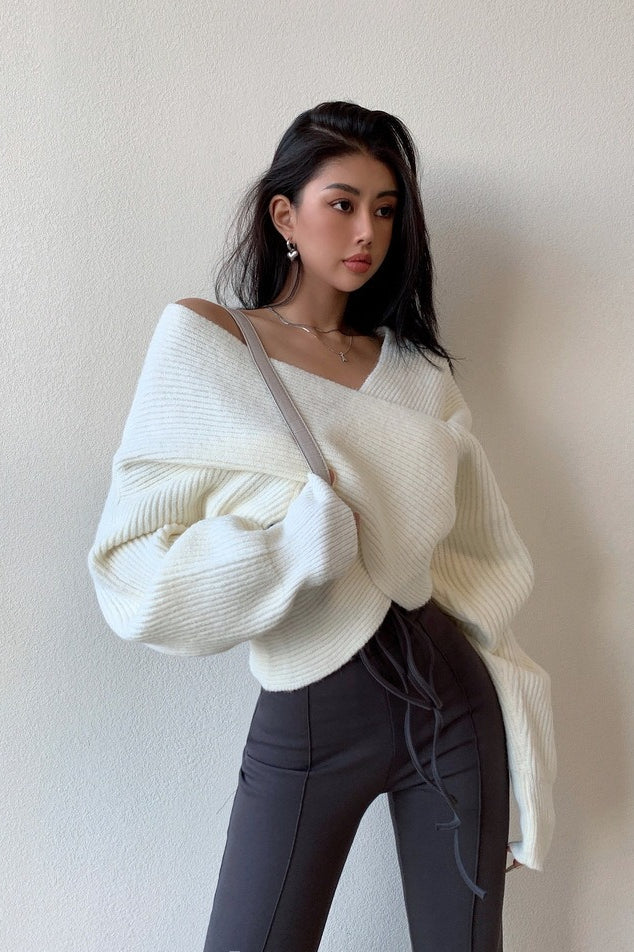 V-neck Crisscross Cold Shoulder Asymmetric Sweater
