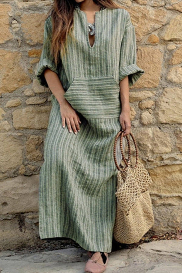 Cotton and Linen Yarn-dyed Striped Loose Long Dress