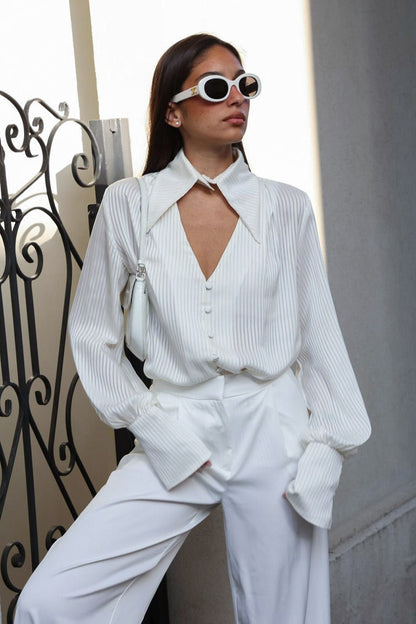Loose Fit Long Sleeve Detachable Collar Blouse