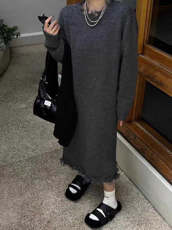 High Waisted Long Sleeves Fringed Color Round-neck Midi Dresses Sweater Dresses