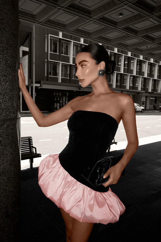 Velvet Paneled Strapless Puff Mini Dress