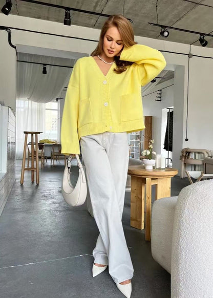Bright Yellow Oversized Cardigan - ’s V-neck Knit Sweater