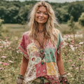 Women‘s Vintage Flower Embroidery Patchwork Art Print V-neck Short Sleeve Linen Blend T-shirt elevenforest