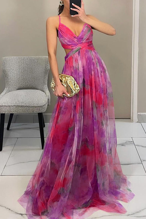 ' Summer Princess Chiffon Printed Hollow Waist and Back Lace Up Long Dress