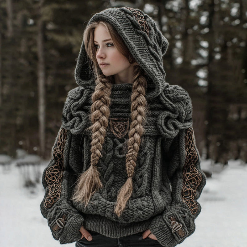 Women's Vintage Celtic Knot Art Knit Cozy Hooded Sweater artswardrobe