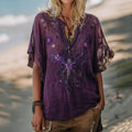Women's Pansy Embroidered Sequined Holiday Short Sleeve T-shirt elevenforest