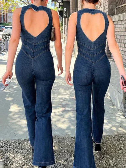 High Rise Denim Jumpsuit With Backless Zip Up