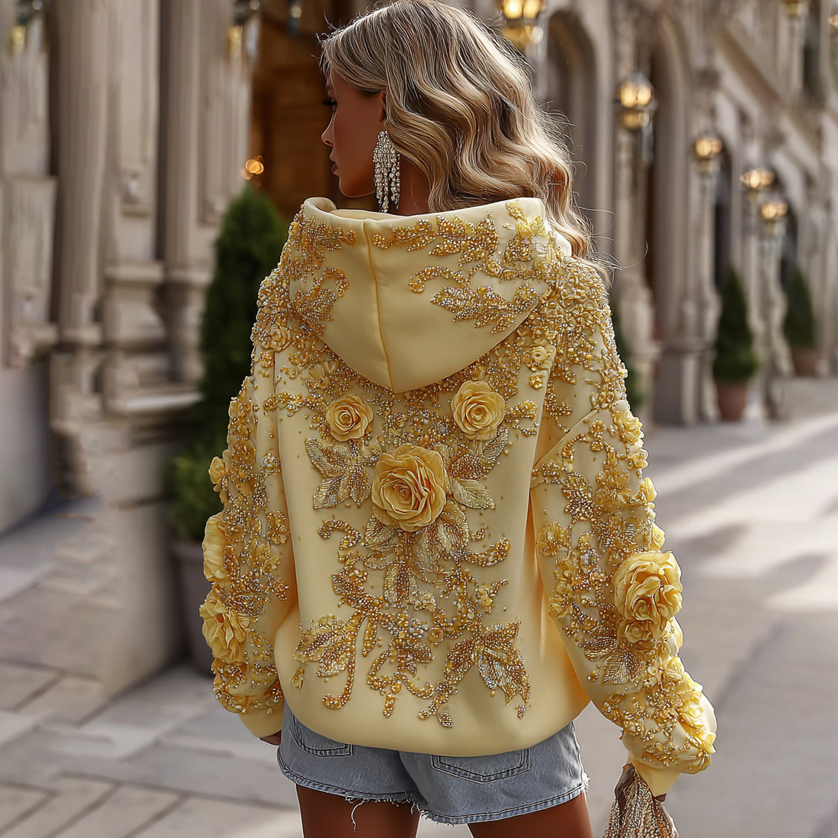 Women's Classic Bohemian Yellow Floral And Gold Roses Embroidery Art Long Sleeve Hoodie elevenforest