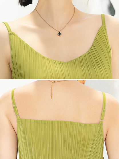 Loose Sleeveless Pleated Color Tasseled Spaghetti-neck Midi Dresses