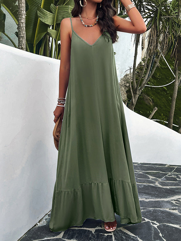 Loose Sleeveless Pleated Color Split-joint Spaghetti-neck Maxi Dresses