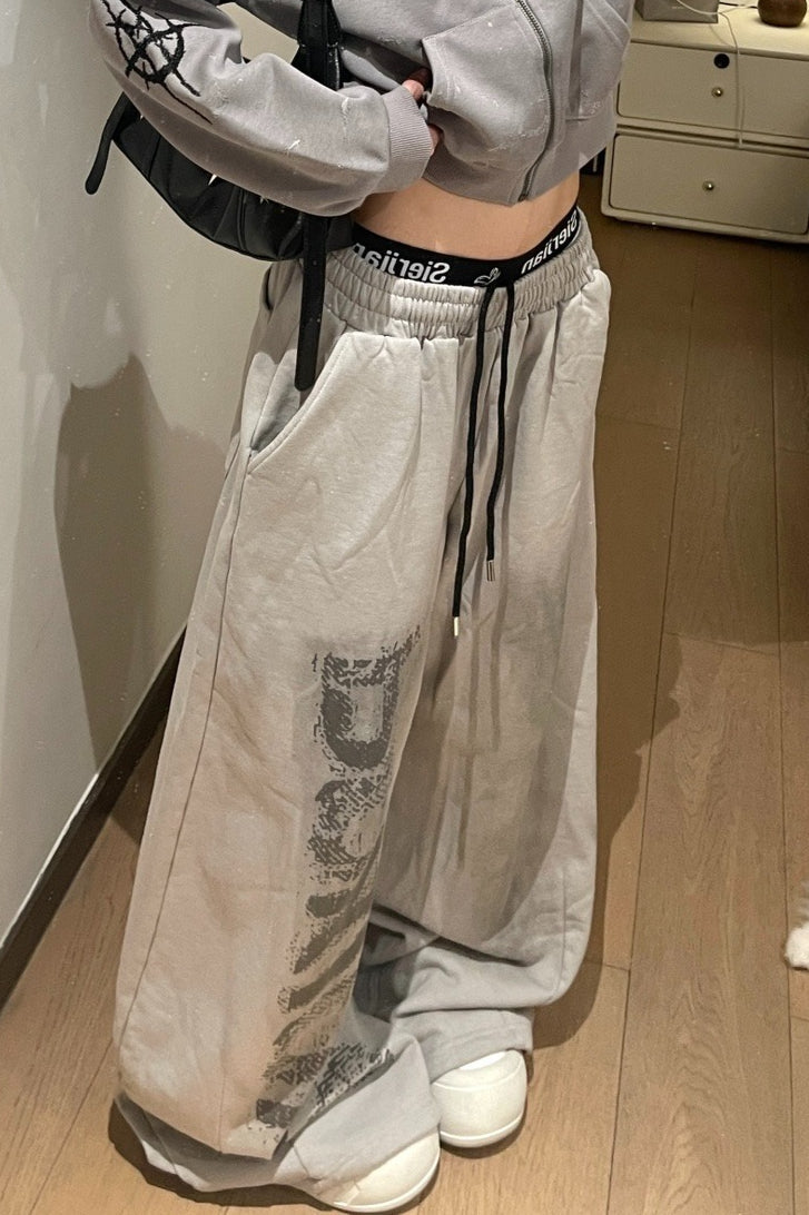 Letter Print Tie Wide Leg Sweat Pants