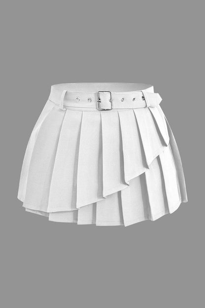 Color Y2k Buckle Layer Pleated Mini Skirt
