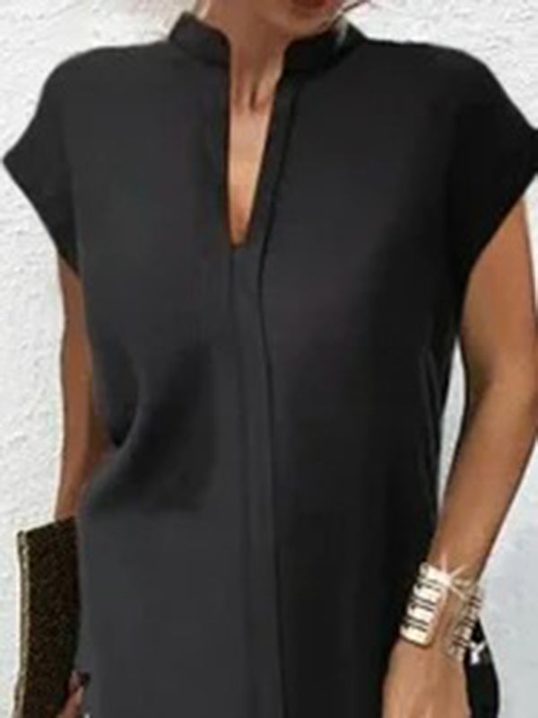 Loose Short Sleeves Color Split-joint V-neck Mini Dresses Short Dresses