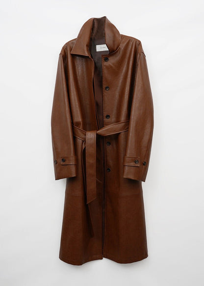 Brown Belted Leather Trench Coat - Single-breasted