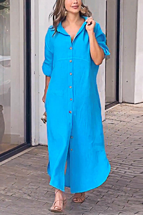 Linen Blend Color Long Sleeve Buttoned Loose Pockets Maxi Dress