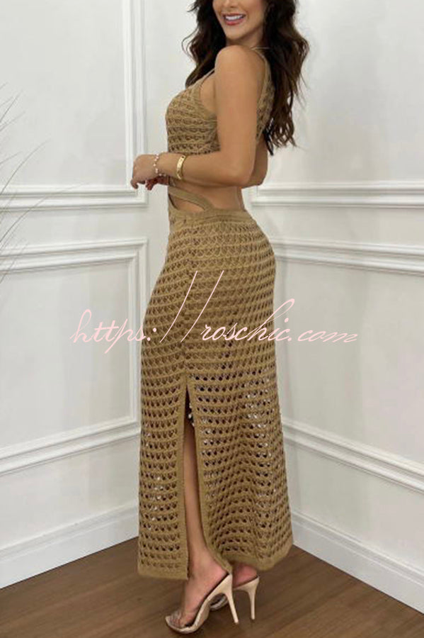 Gaze Knit Texture Ring Side Waist Cutout Stretch Maxi Dress