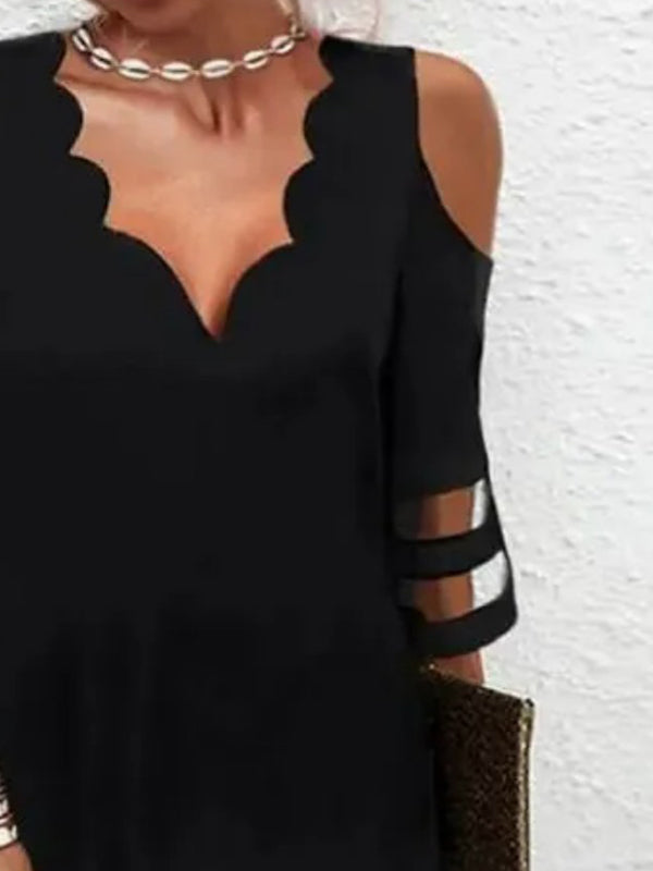 Half Sleeves Loose See-through Color Split-joint Cold Shoulder Mini Dresses