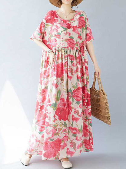 A-line Batwing Sleeves Flower Print Pleated Split-joint Round-neck Midi Dresses