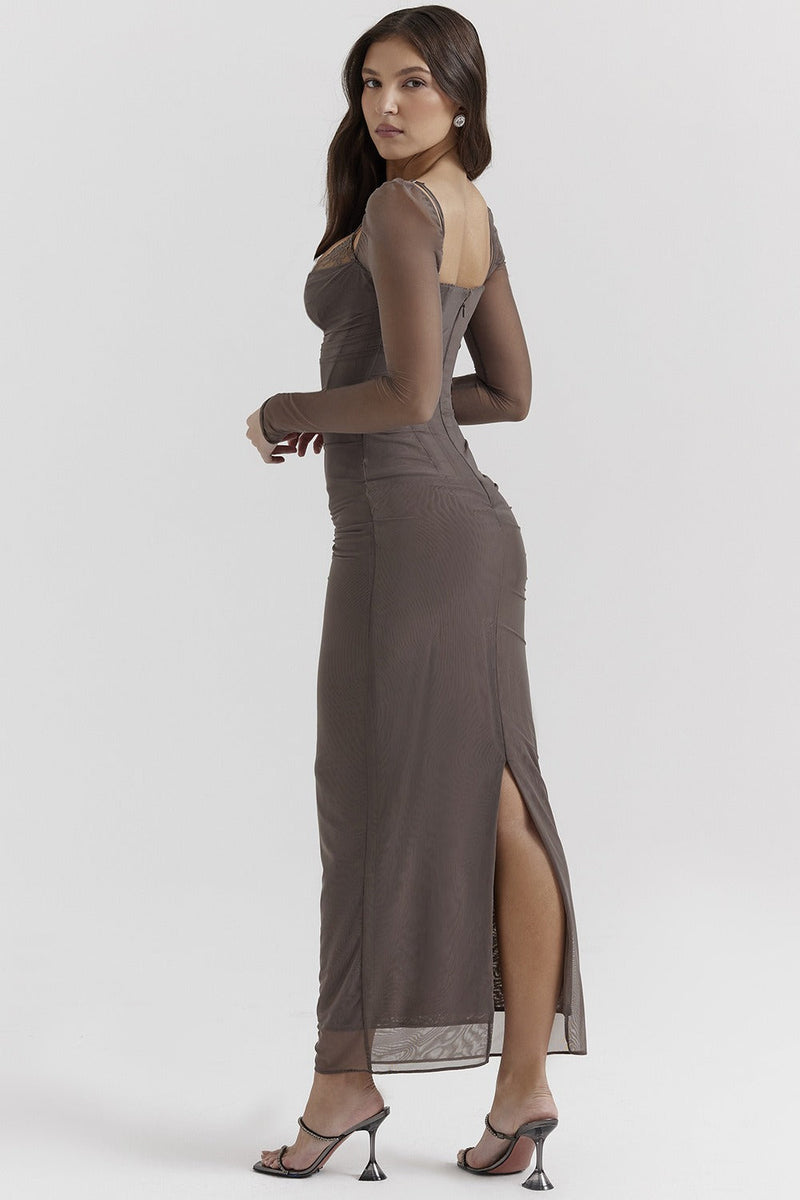 Mesh Lace Patchwork Boned Fitted High Slit Maxi Dress
