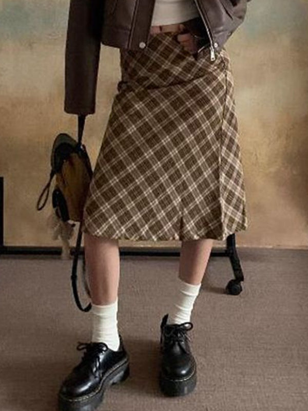 Brown Low Waist Checkered Midi Skirt