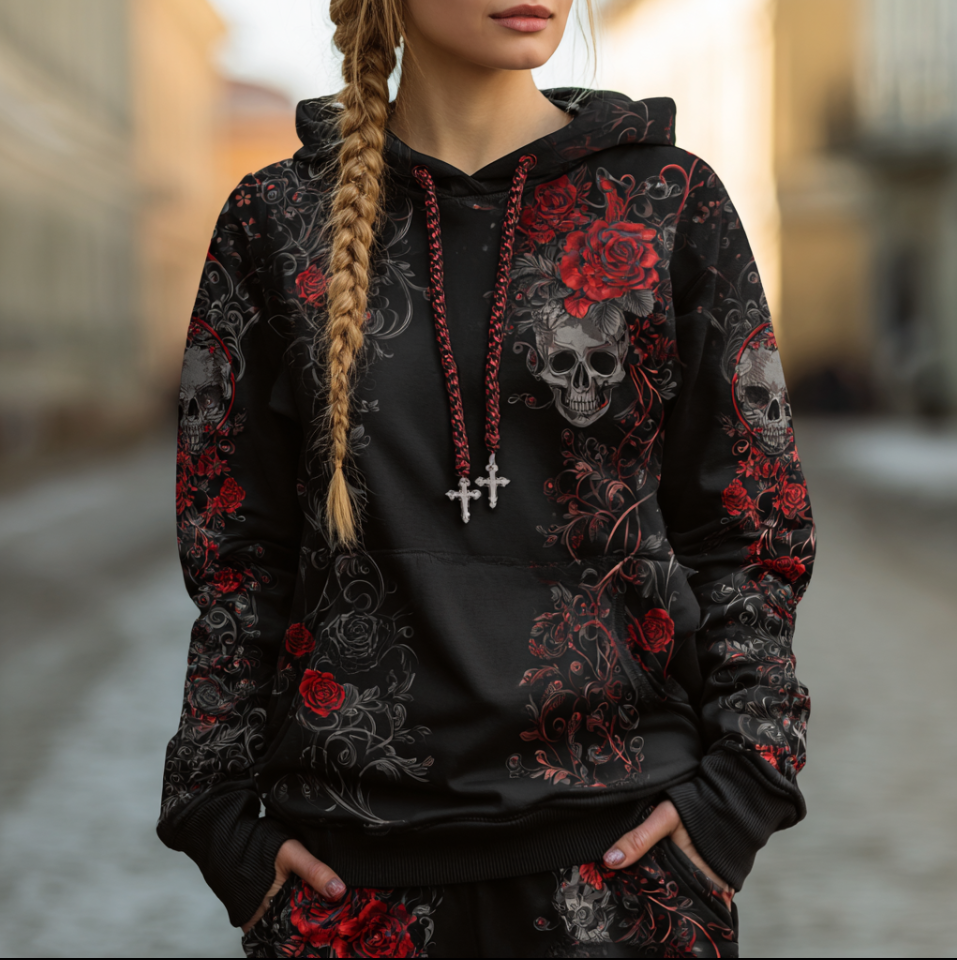 Halloween Dark Lady Skull And Red Rose Pattern Printed Long-sleeve Hooded Sweatshirt elevenforest
