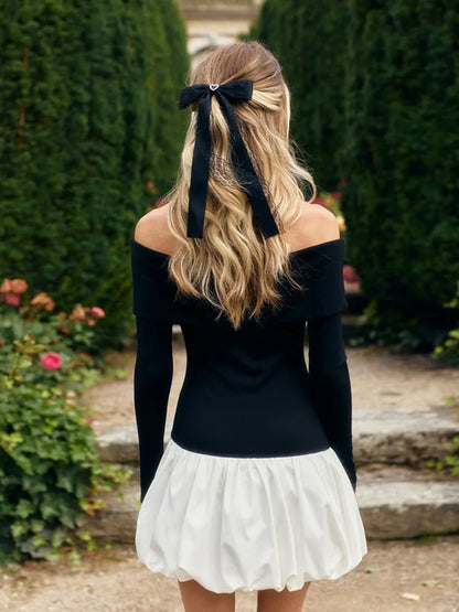 Off-shoulder Long Sleeve Mini Dress for Contrast Color Patchwork Strapless Backless A-line Dress