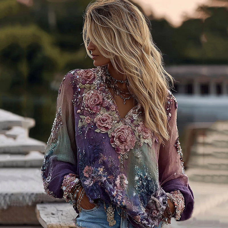 Tie-dye Rose Embroidered Sequined Long-sleeved T-shirt elevenforest