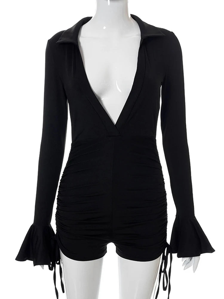 ’s Black Deep V-neck Jumpsuit Bodycon Rompers Long Sleeve Bodycon Slim Playsuit Overalls Skinny Female Outfits