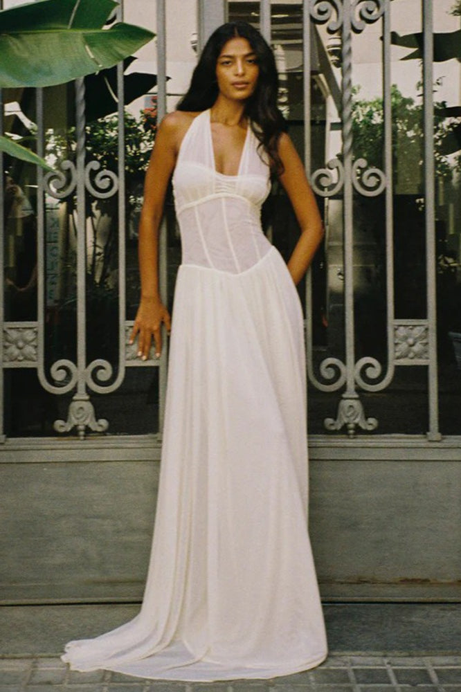 Halter V Neck Boning Waist Mesh Maxi Dress