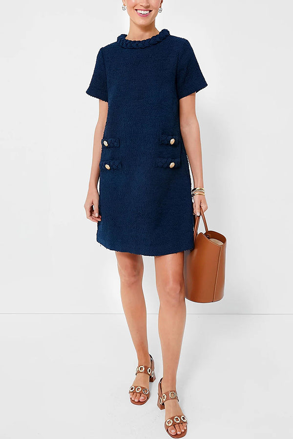 Confident and Tweed Fabric Braided Trim Button Shift Mini Dress
