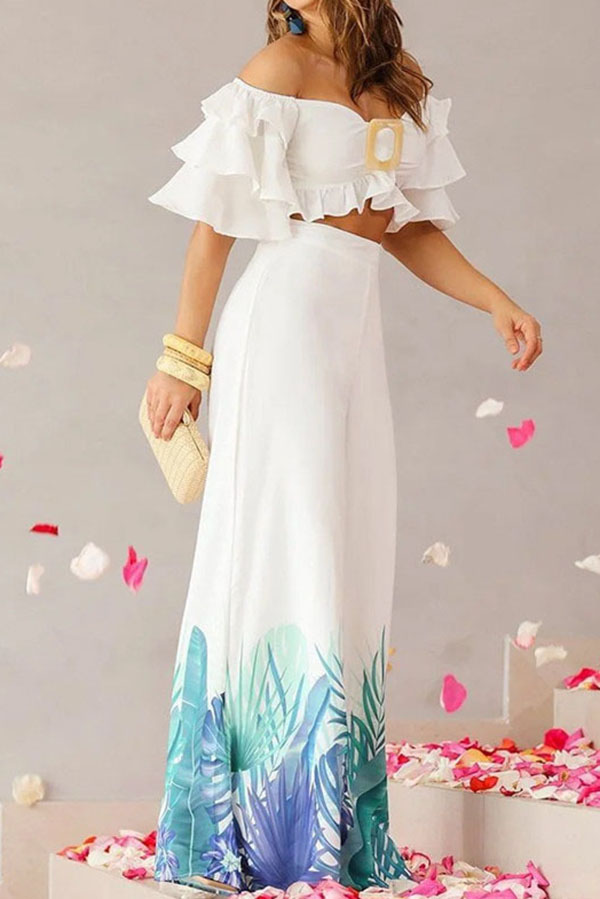 Off Shoulder Top and High Waisted Wide Leg Printed Pants Suit