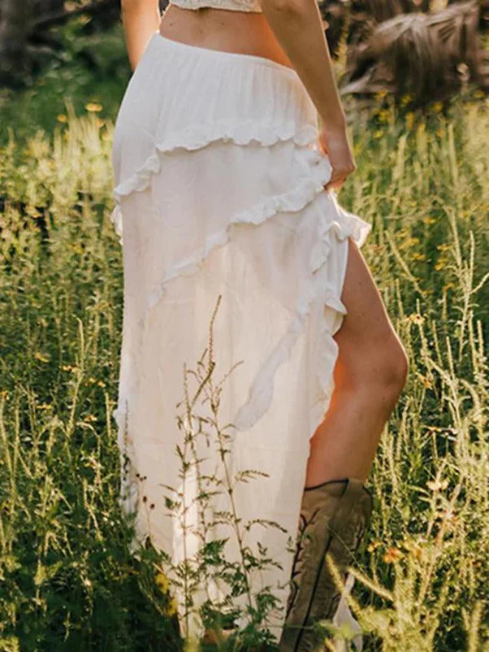 White Ruffle Slit Midi Skirt