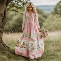 Vintage Bunny With Floral Art Women's Linen Long Sleeve Maxi V-neck Dress elevenforest