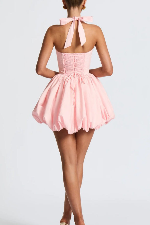 Halter Tie Bow Puffy Hem Mini Dress