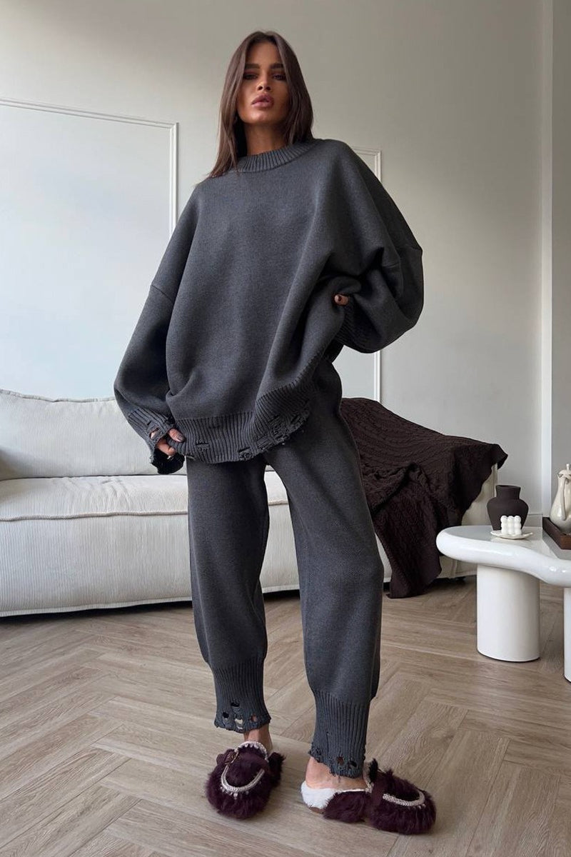 Distressed Knit Crew Neck Sweater Two Piece Set