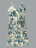 V-Neck Vintage Flowers Print Suspender Skirt Tankini Pantskirt Set Swimsuit