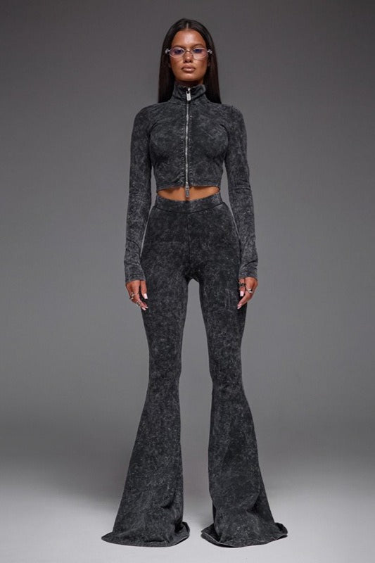 Zip Front Crop Top Flared Pants Set