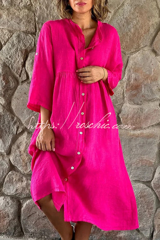 Mindful Cotton Blend Color Button Midi Dress