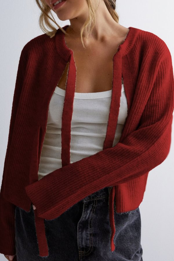Color Loose Long Sleeve Lace-up Knitted Cardigan