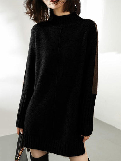 Loose Long Sleeves Contrast Color Half Turtleneck Sweater Dresses
