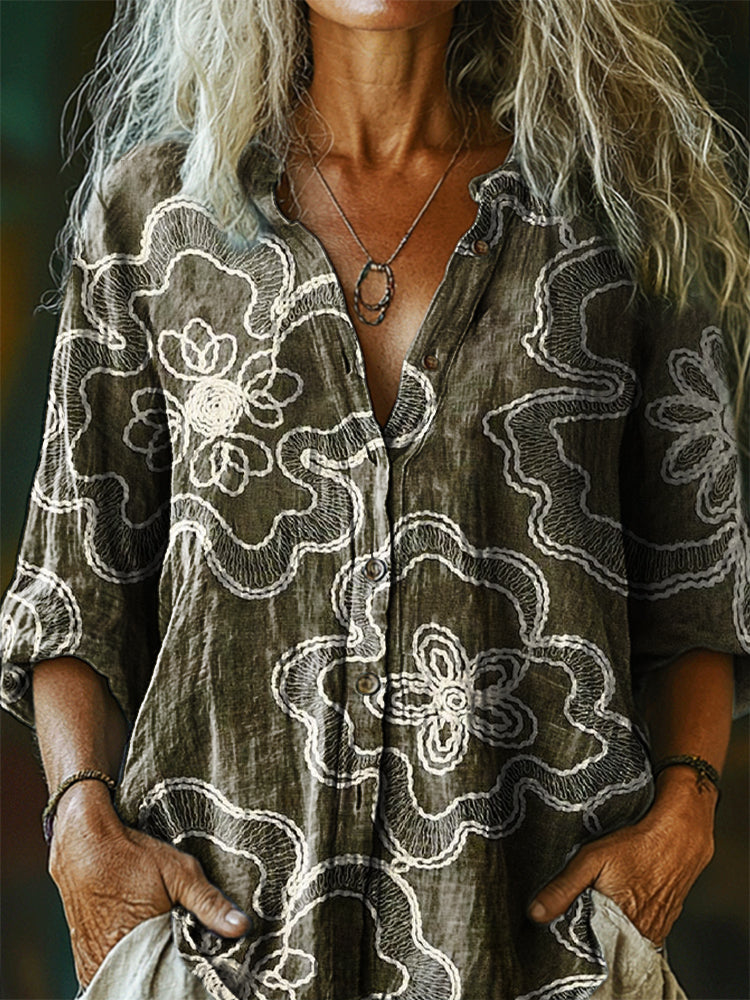 Women's Vintage Bohemian Floral Art Print Casual Cotton Linen Shirt